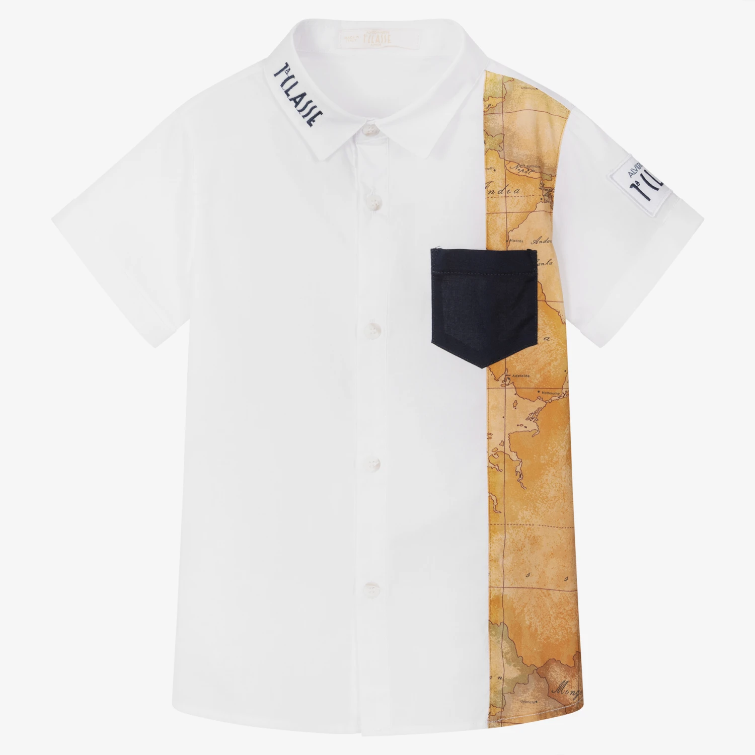 Alviero Martini Boys White & Beige Geo Map Shirt 1 Alviero Martini Boys White & Beige Geo Map Shirt