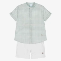Artesanía Granlei Boys Green Gingham Cotton Shorts Set