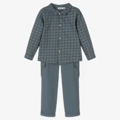Babidu Boys Blue Checked Cotton Trouser Set