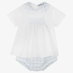 Babidu Boys White & Blue Smocked Shorts Set
