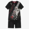 Boboli Boys Black Cotton Rock & Roll Shorts Set
