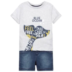Boboli Grey & Blue Cotton Shorts Set