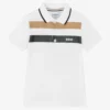 BOSS Boys White Cotton Logo Stripe Polo Shirt