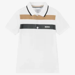 BOSS Boys White Cotton Logo Stripe Polo Shirt