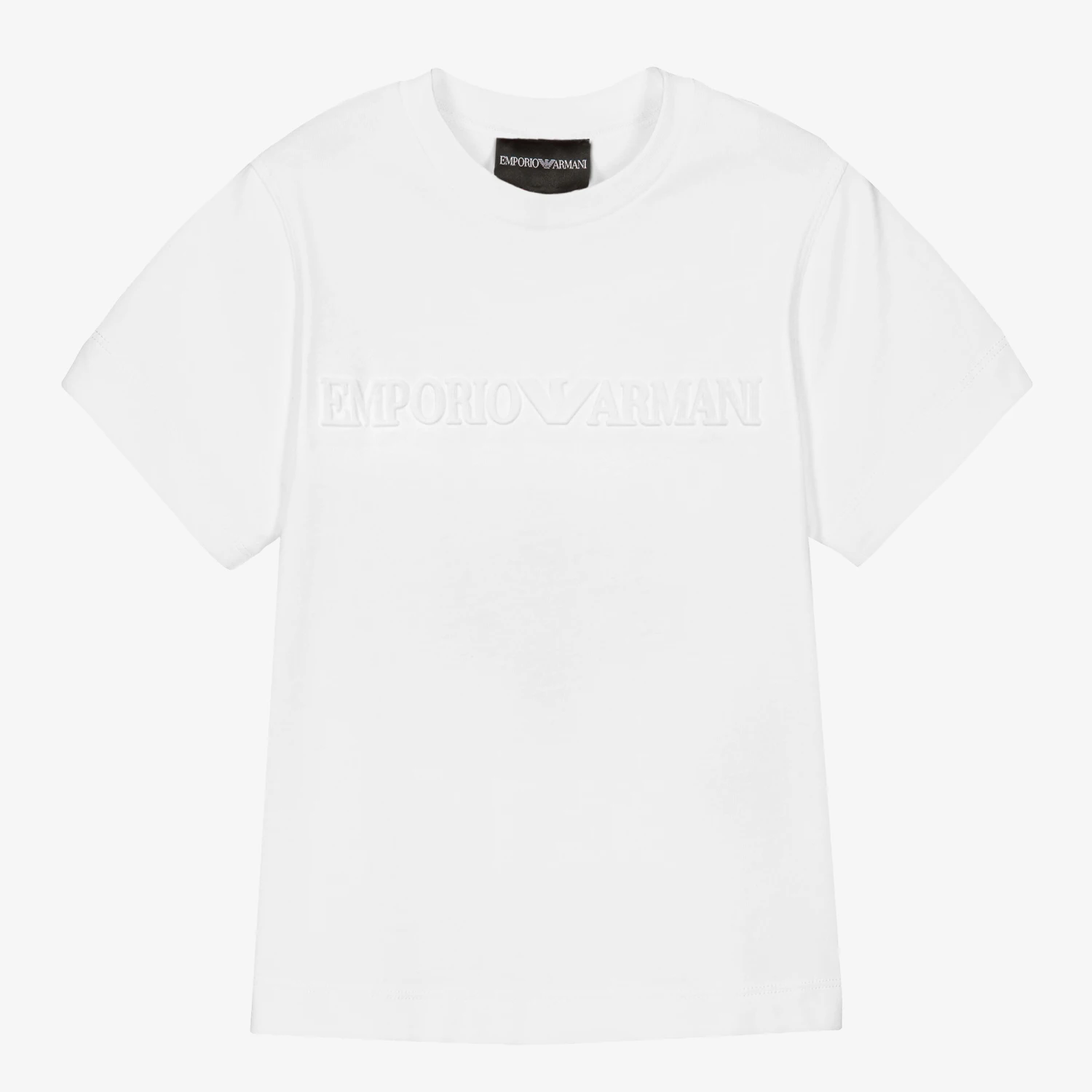 Emporio Armani Boys White Cotton Embossed Logo T-Shirt 1 Emporio Armani Boys White Cotton Embossed Logo T-Shirt