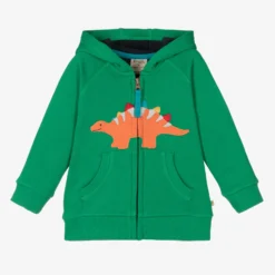 Frugi Boys Green Dinosaur Cotton Zip-Up Hoodie