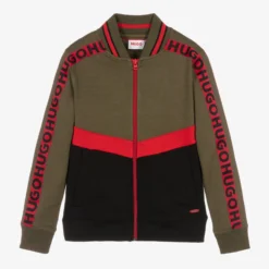 HUGO Boys Green & Black Logo Tape Zip-Up Top