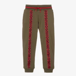 HUGO Boys Khaki Green Piqué Logo Tape Joggers