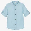 IDO Baby Boys Blue Collarless Linen Shirt