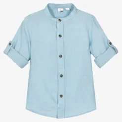 IDO Baby Boys Blue Collarless Linen Shirt