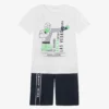 IDO Junior Boys White & Navy Blue Cotton Shorts Set