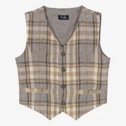 Il Gufo Boys Beige & Grey Check Linen Waistcoat