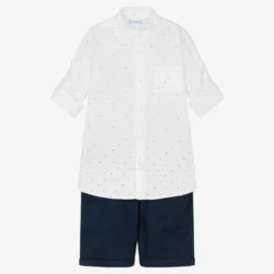 Mayoral Boys White & Navy Blue Cotton Shorts Set