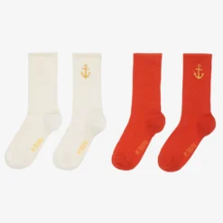 Mini Rodini Ivory & Red Anchor Socks (2 Pack)