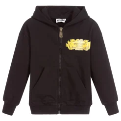 Moschino Kid-Teen Black Cotton Zip-Up Logo Top