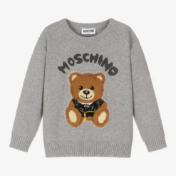 Moschino Kid-Teen Grey Cotton Knit Teddy Bear Logo Sweater