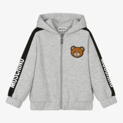 Moschino Kid-Teen Grey Teddy Logo Zip-Up Top