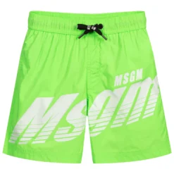 MSGM Green & White Logo Swim Shorts