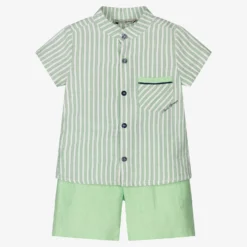 Piccola Speranza Boys Green Cotton & Linen Shorts Set