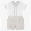 Pretty Originals Boys White & Beige Cotton Shorts Set