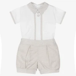 Pretty Originals Boys White & Beige Cotton Shorts Set