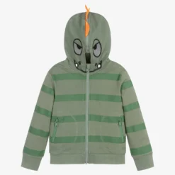 Stella McCartney Kids Boys Green Striped Gecko Zip-Up Hoodie