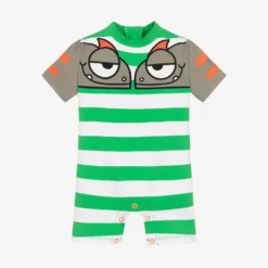 Stella McCartney Kids Boys Green Striped Lizard Sun Suit (UPF50+)