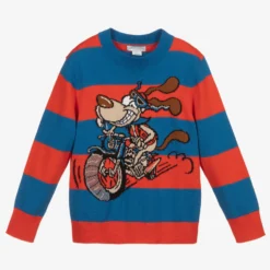 Stella McCartney Kids Red & Blue Striped Dog Sweater