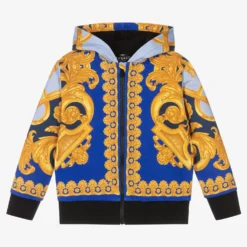 Versace Boys Blue & Gold Barocco Zip-Up Top